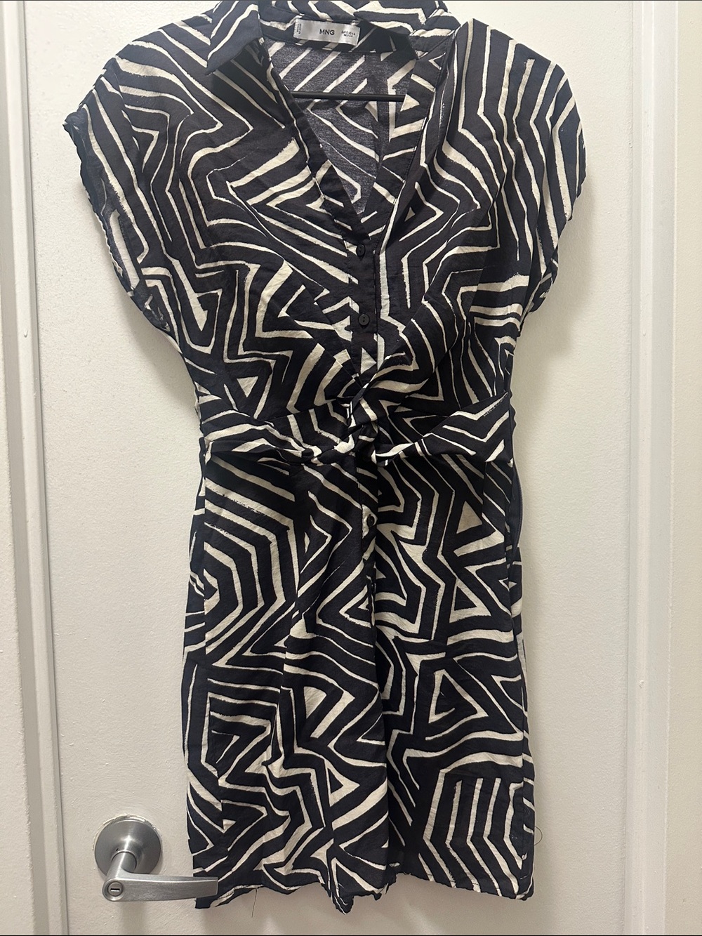 Mango Black and White Geometric Tie-Front Mini Dress